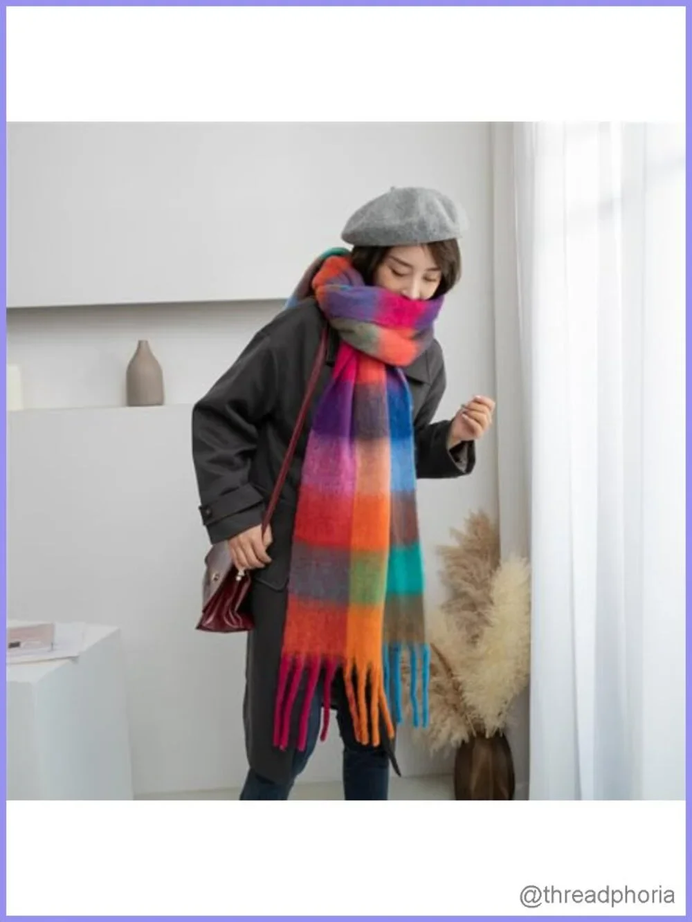 Women's Plaid Winter Scarf Wrap with Tassels - Chunky Knit Warm Fashion Scarf